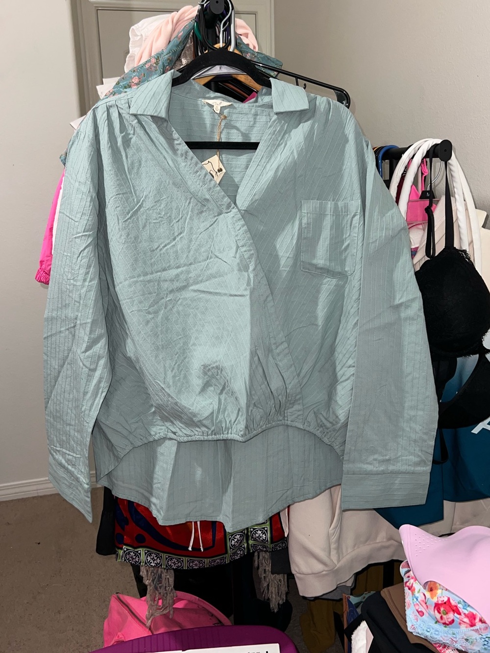 Easel Mint green/Light Moss Textured Long Sleeve Surplice Blouse